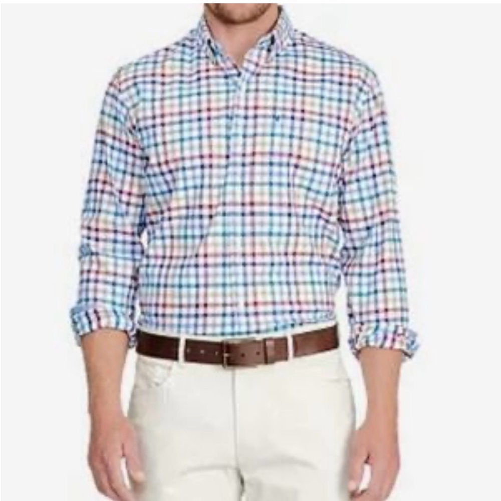 Izod men’s, medium button-down shirt, advance, performance, classic fit plaid‎